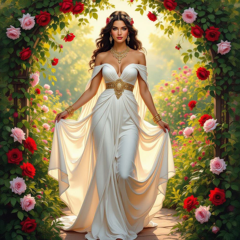 Goddess of Love in a Lush Rose Garden
