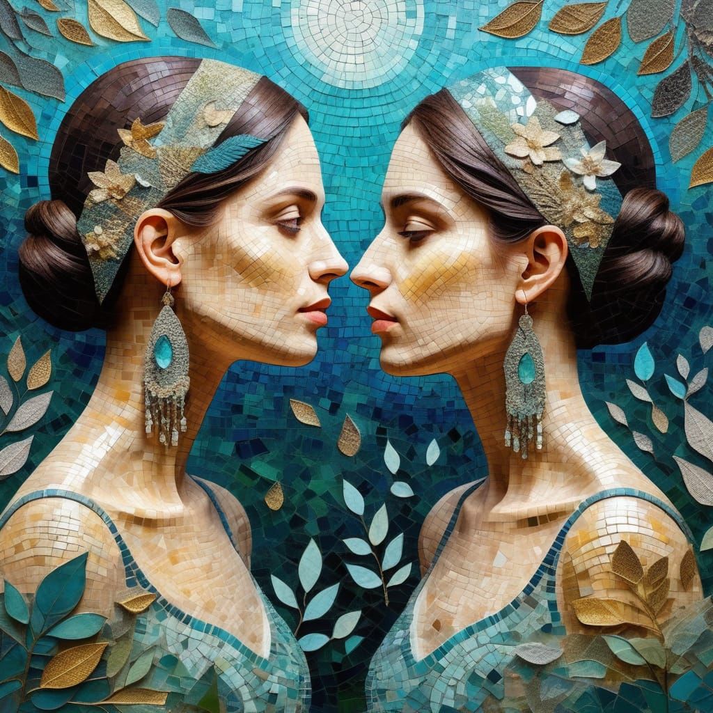 Surreal Mosaic Masterpiece of Women in Dreamlike Landscape