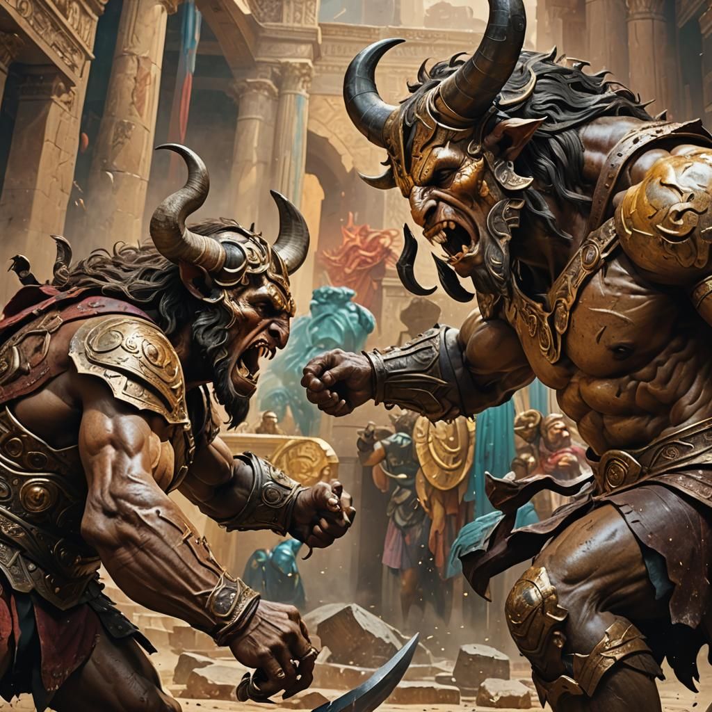 Minotaur versus Theseus: Hyperrealistic Splash Art