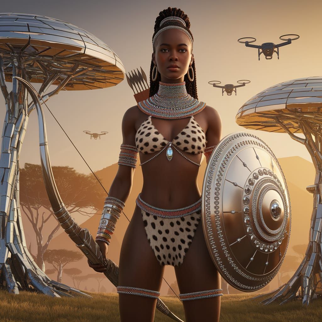 African Princess Stands Tall in Futuristic Landscape