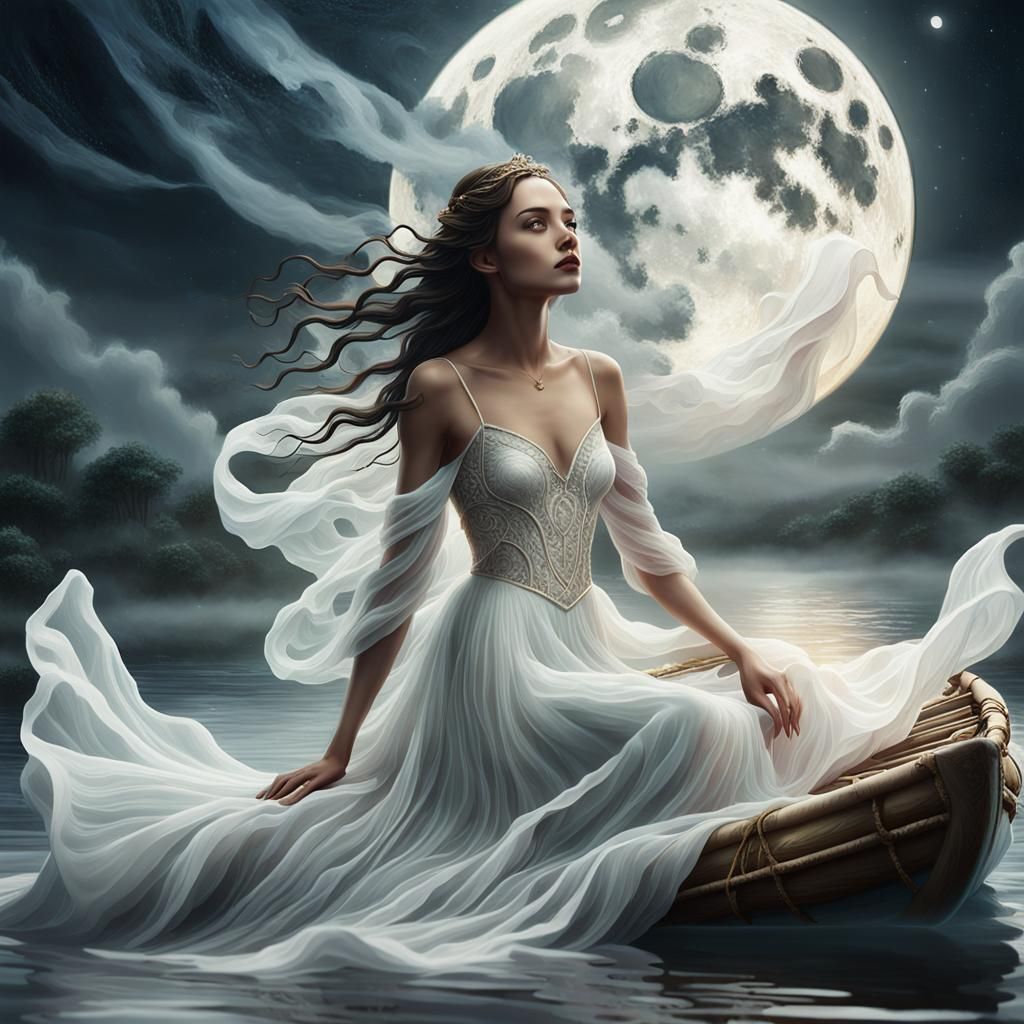 Ethereal Woman in White Gown on Moonlit Raft