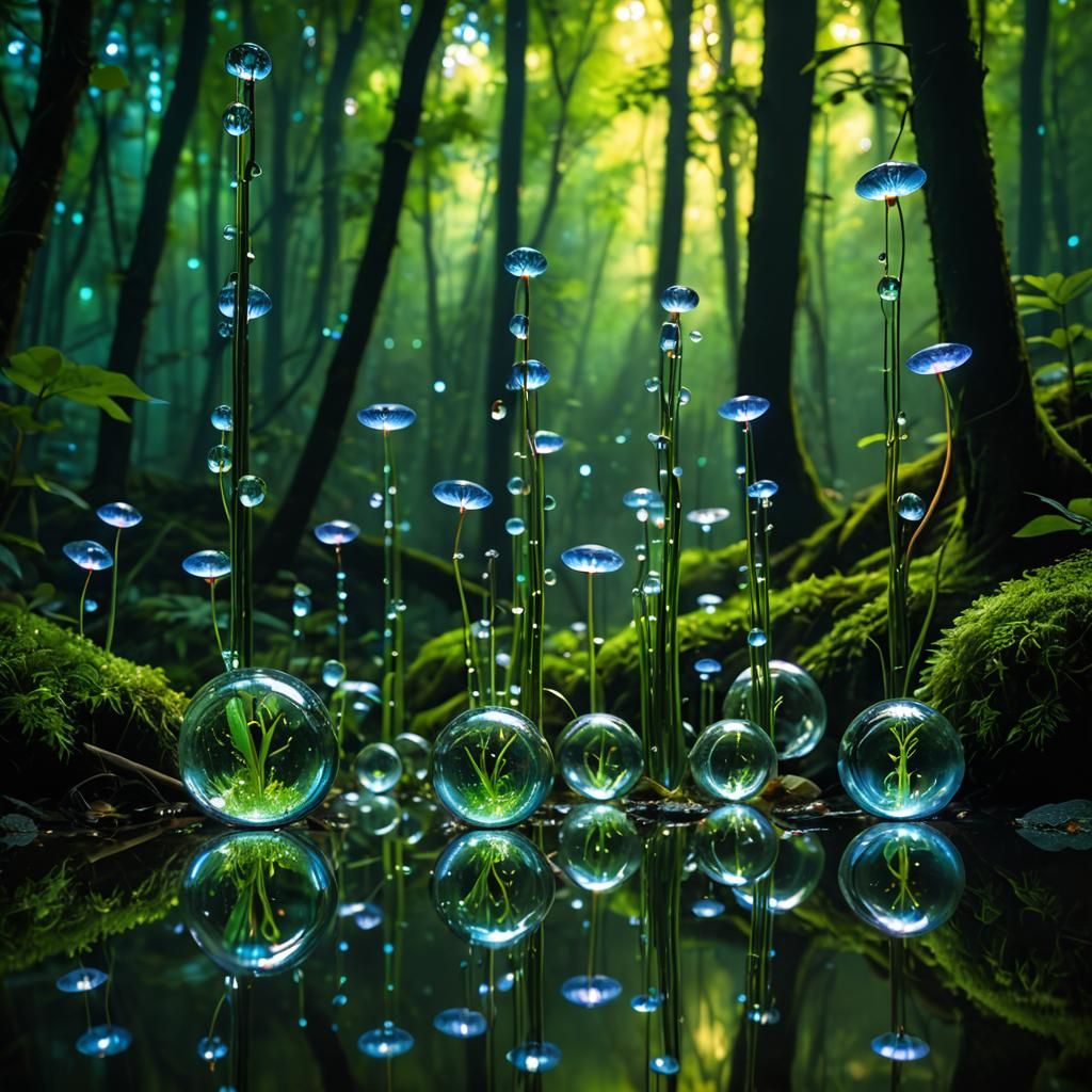 Surreal Glass Pipes in Forest with Fairies