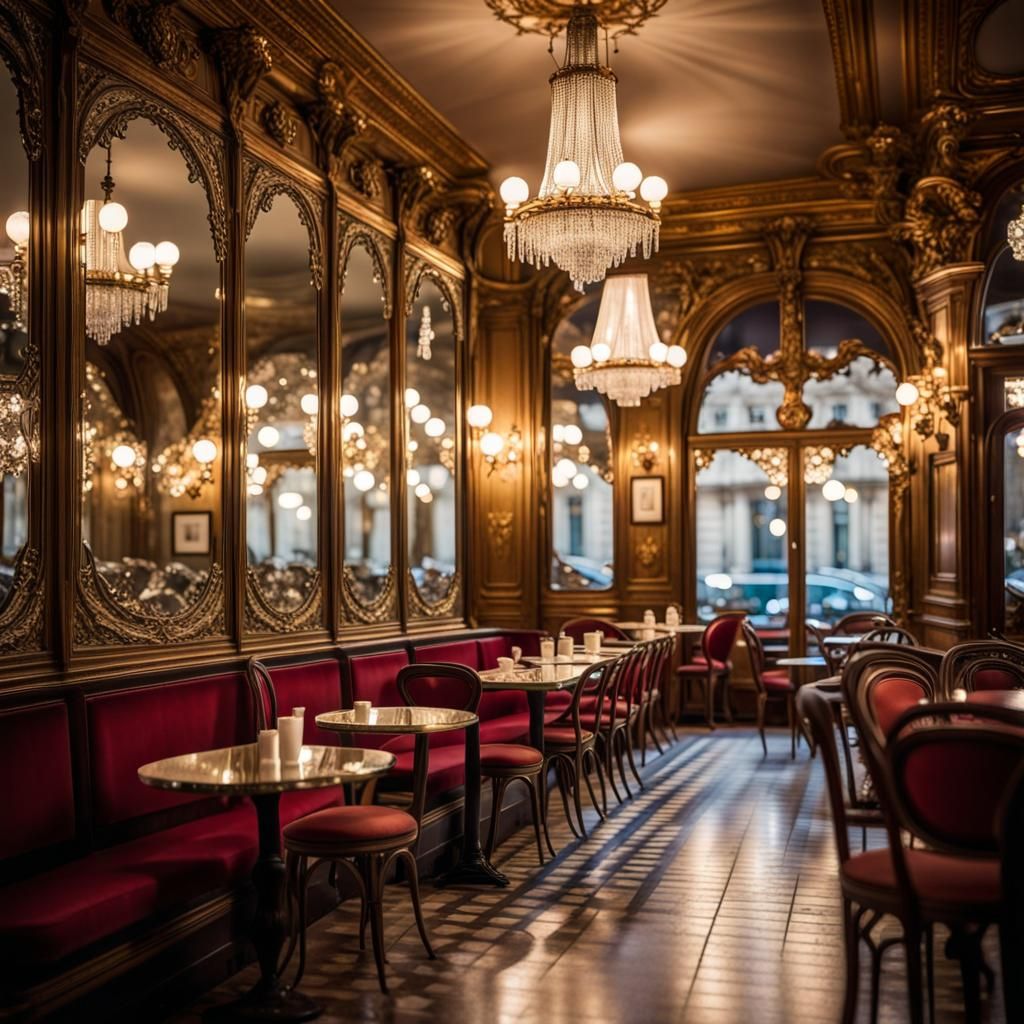 Parisian Café Breakfast Scene in Art Nouveau Style