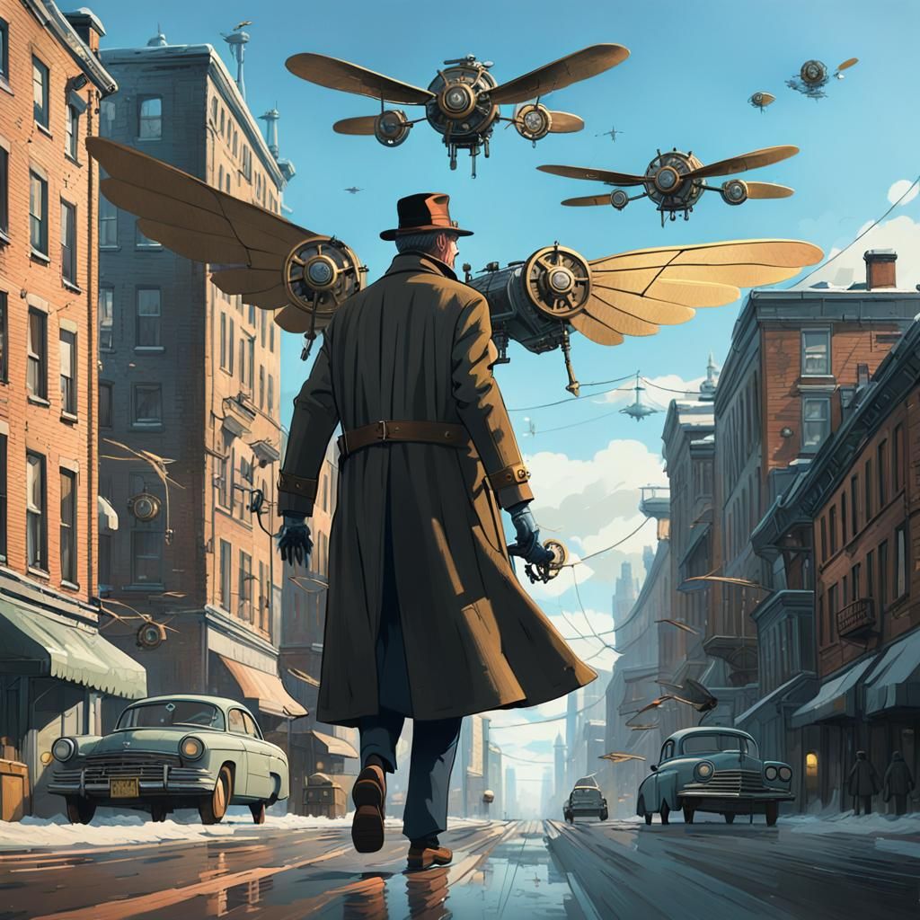 Mechanical Winged Spy Soars in Sunset Glow