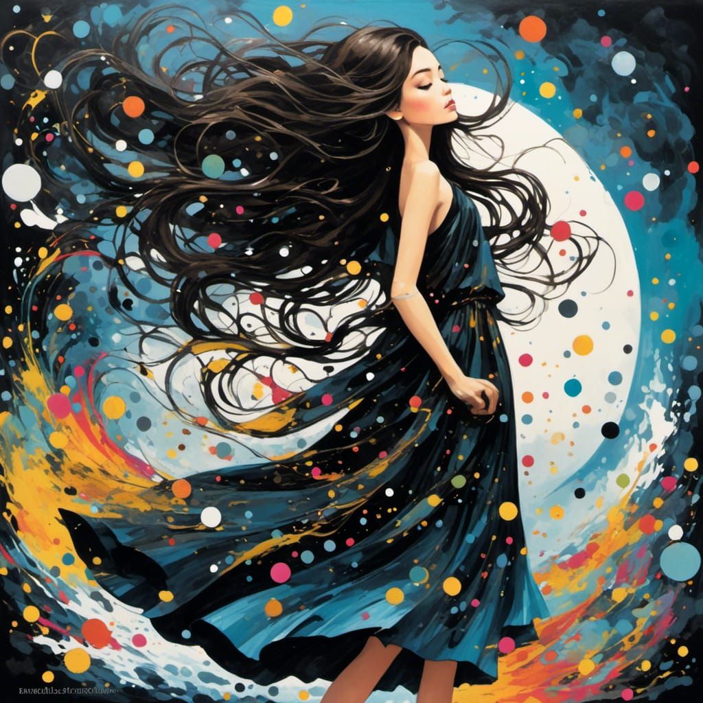 Girl in Black Dress Flying Through Window