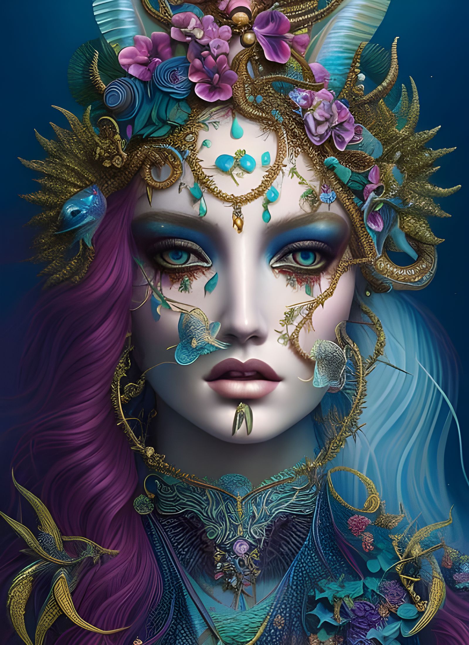 Mermaid Queen Portrait with Tropical Fish, Hyperrealism