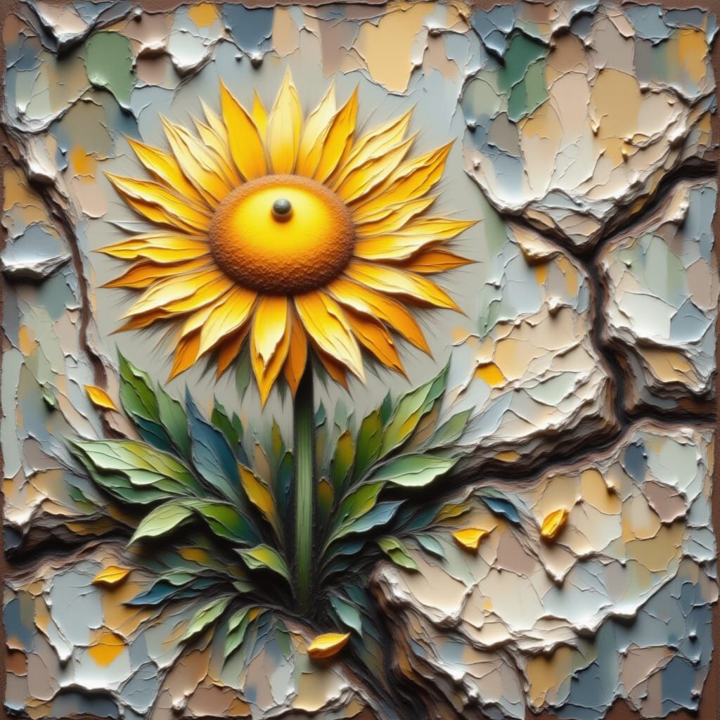 Heavy Impasto Dandelion in Cracked Sidewalk