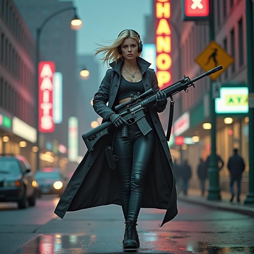 Futuristic Soldier with Sniper Rifle on Rooftop