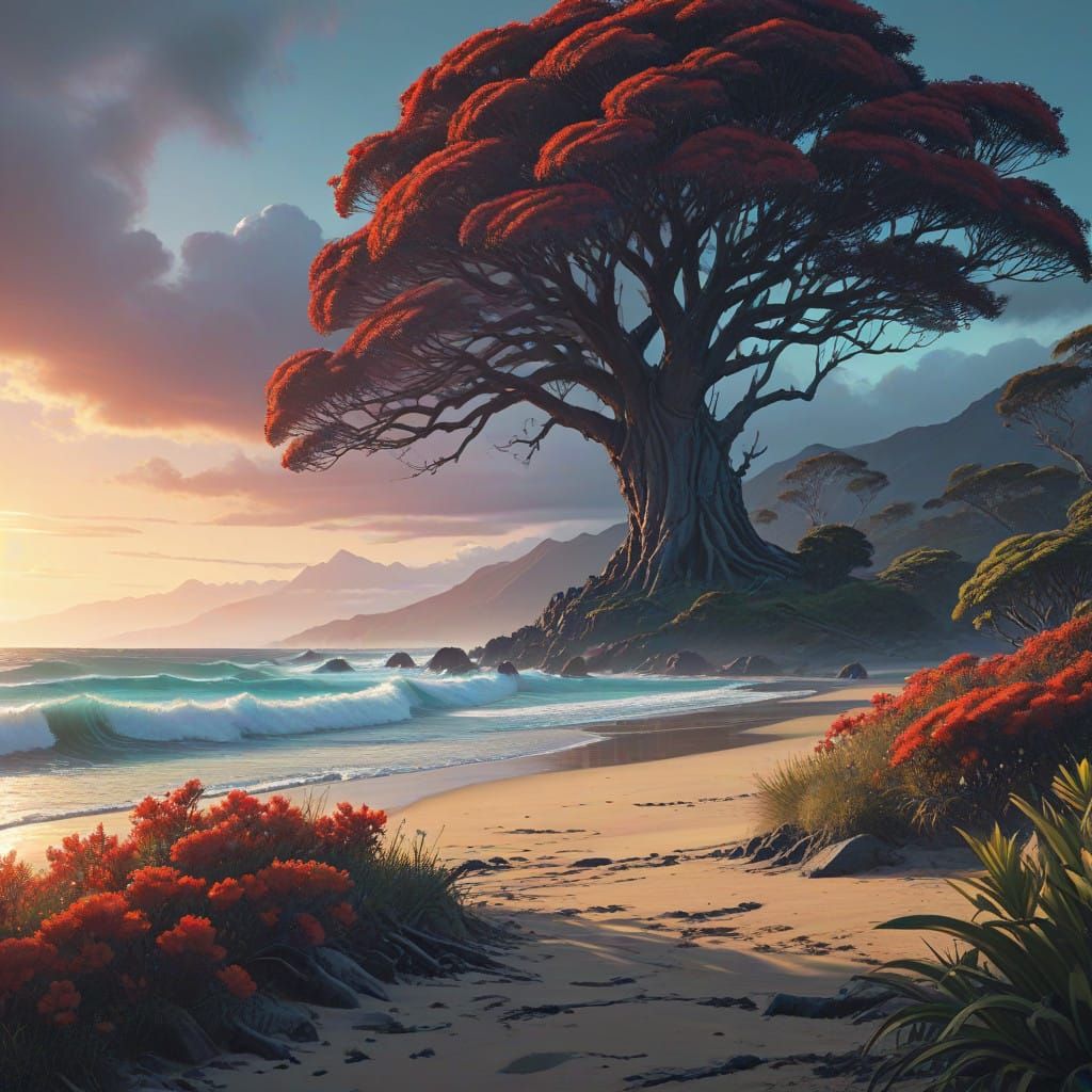 Tropical Beach Scene with Pōhutukawa Tree in Vibrant Colors