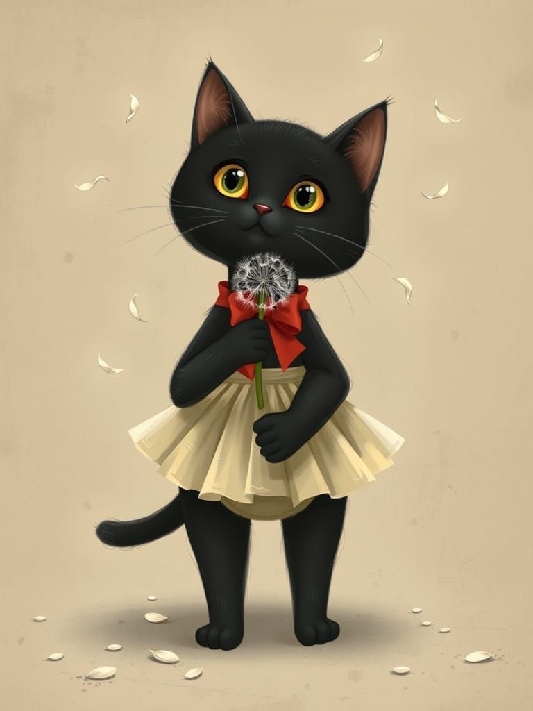 Black Cat Ballerina with Dandelion Seeds