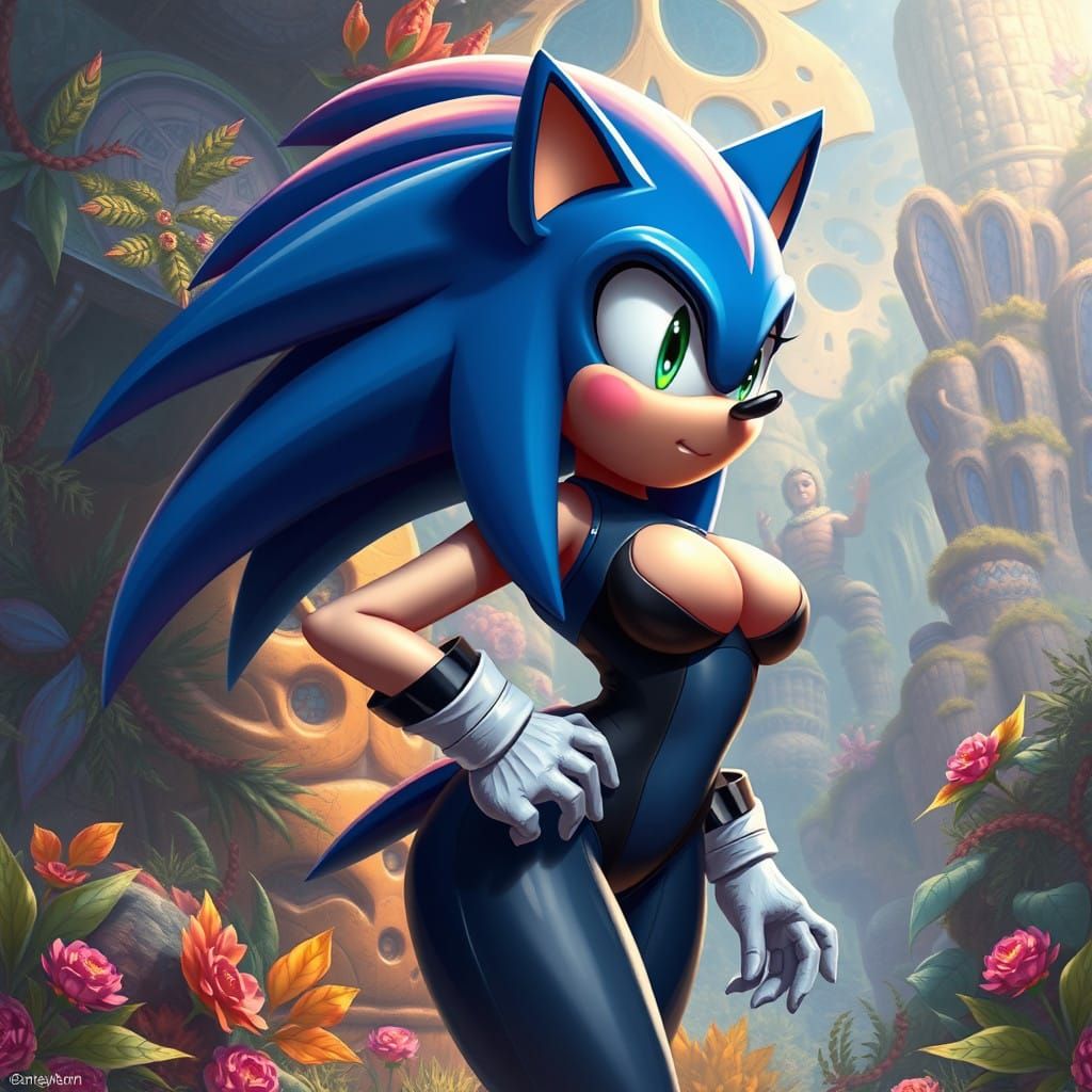 Empowered Sonic Goddess in Cyberpunk Fantasy