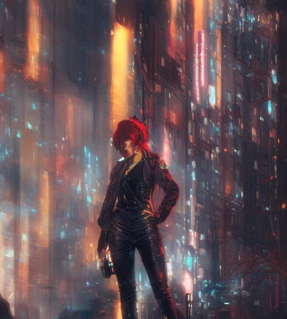 Cyberpunk Woman in Neon Cityscape at Night