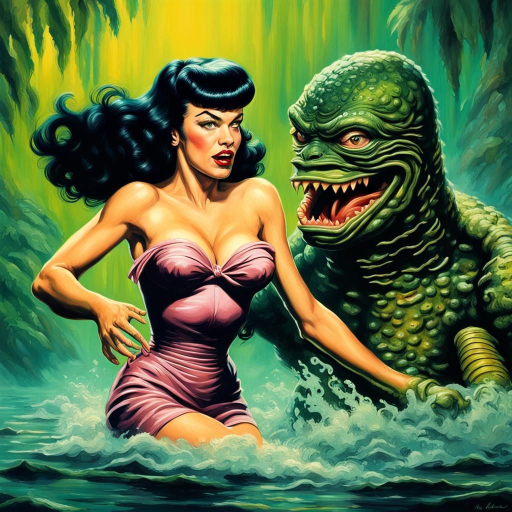 Bettie Page and Creature: Hyperrealistic Splash Art