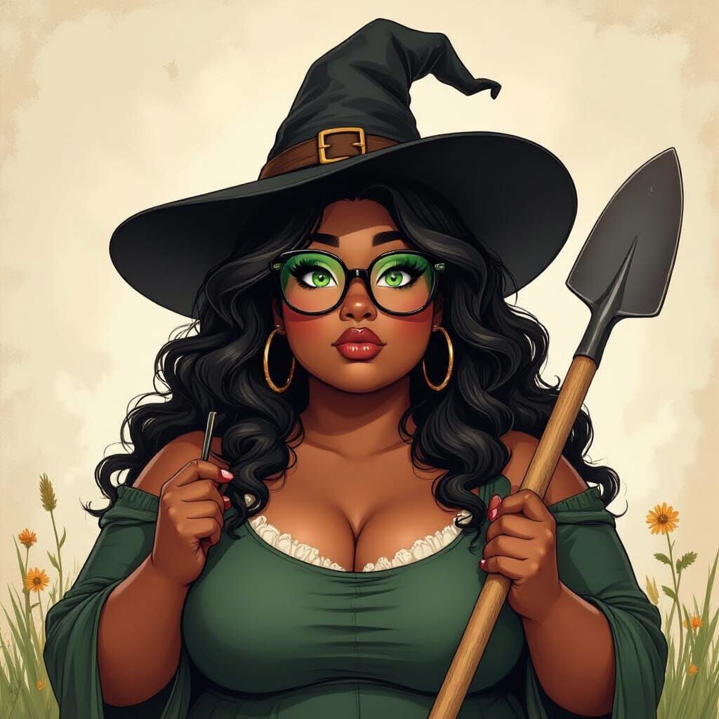 Confused Witch with Shovel in Whimsical Style