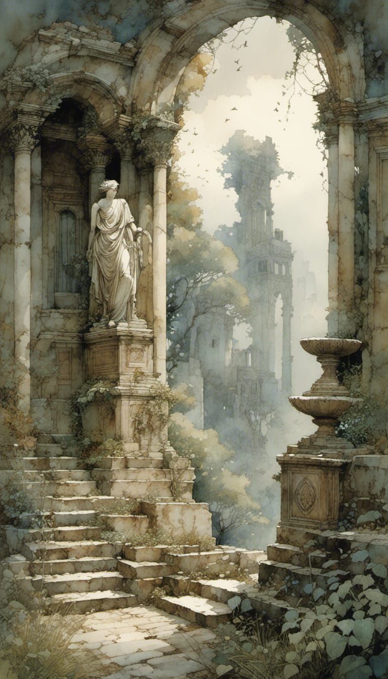 Nature Reclaims Ancient Greek Ruins: Detailed Watercolor