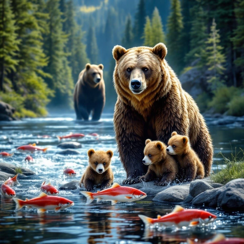 Majestic Grizzly Bear Mother Protects Cubs in Serene Canadia...