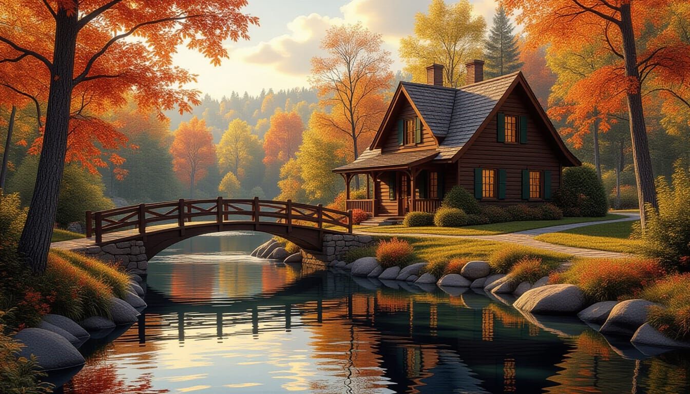 Cozy River Cottage Amidst Autumn Foliage