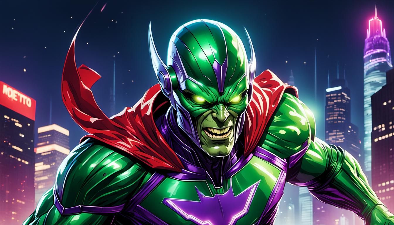 Green Alien Superhero in Metropolis: Comic Book Art