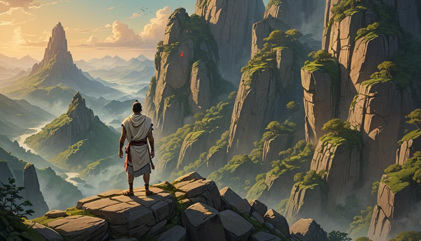 Toga-Clad Man on Mountain Peak with Glowing Symbols