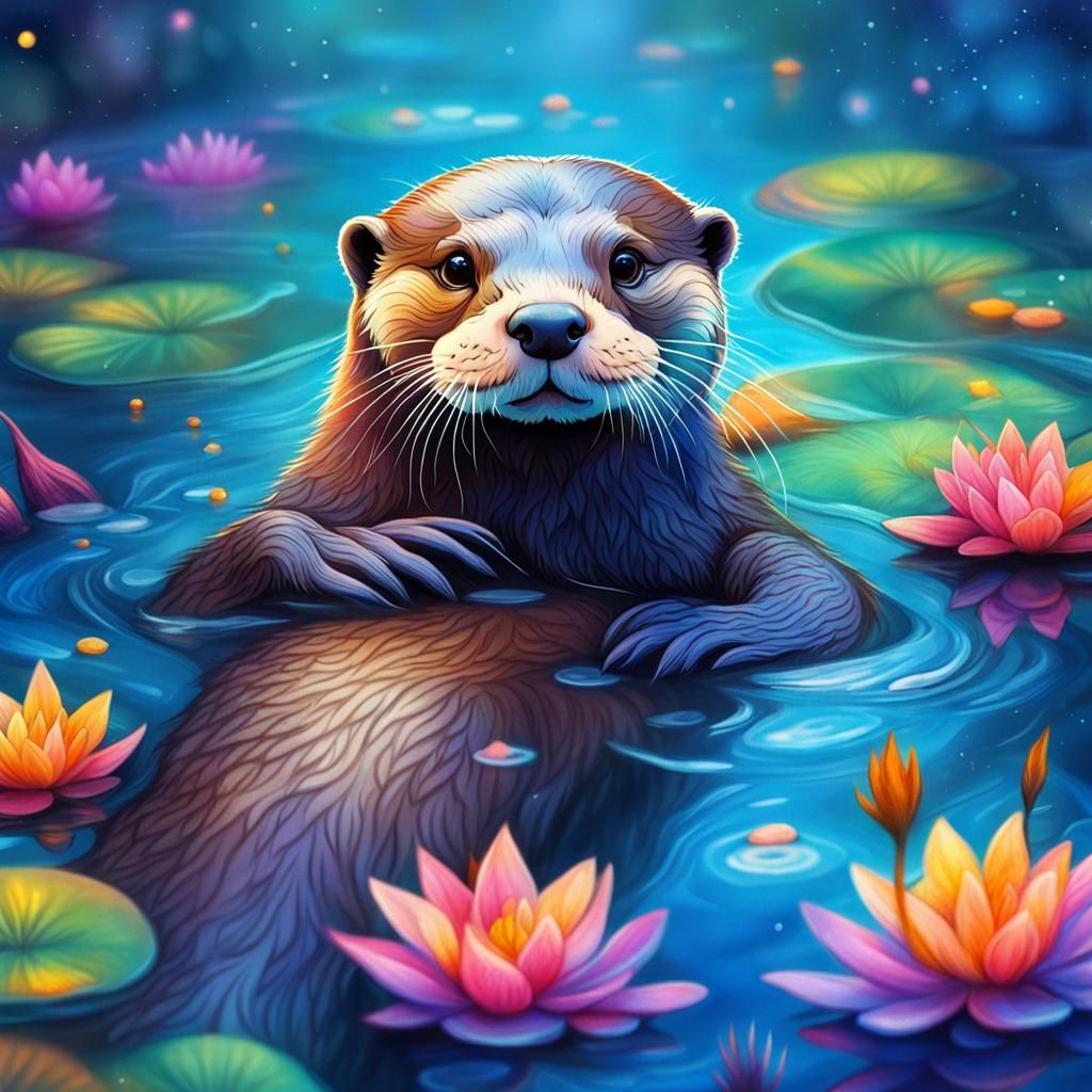Colorful Otter in Blue Pond: Astral Illustration
