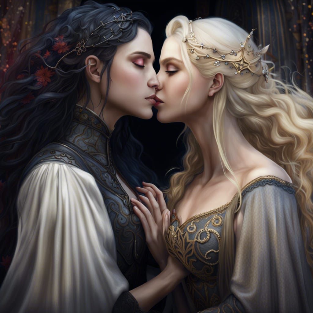 Medieval Fantasy: Two Elegant Princesses Kissing