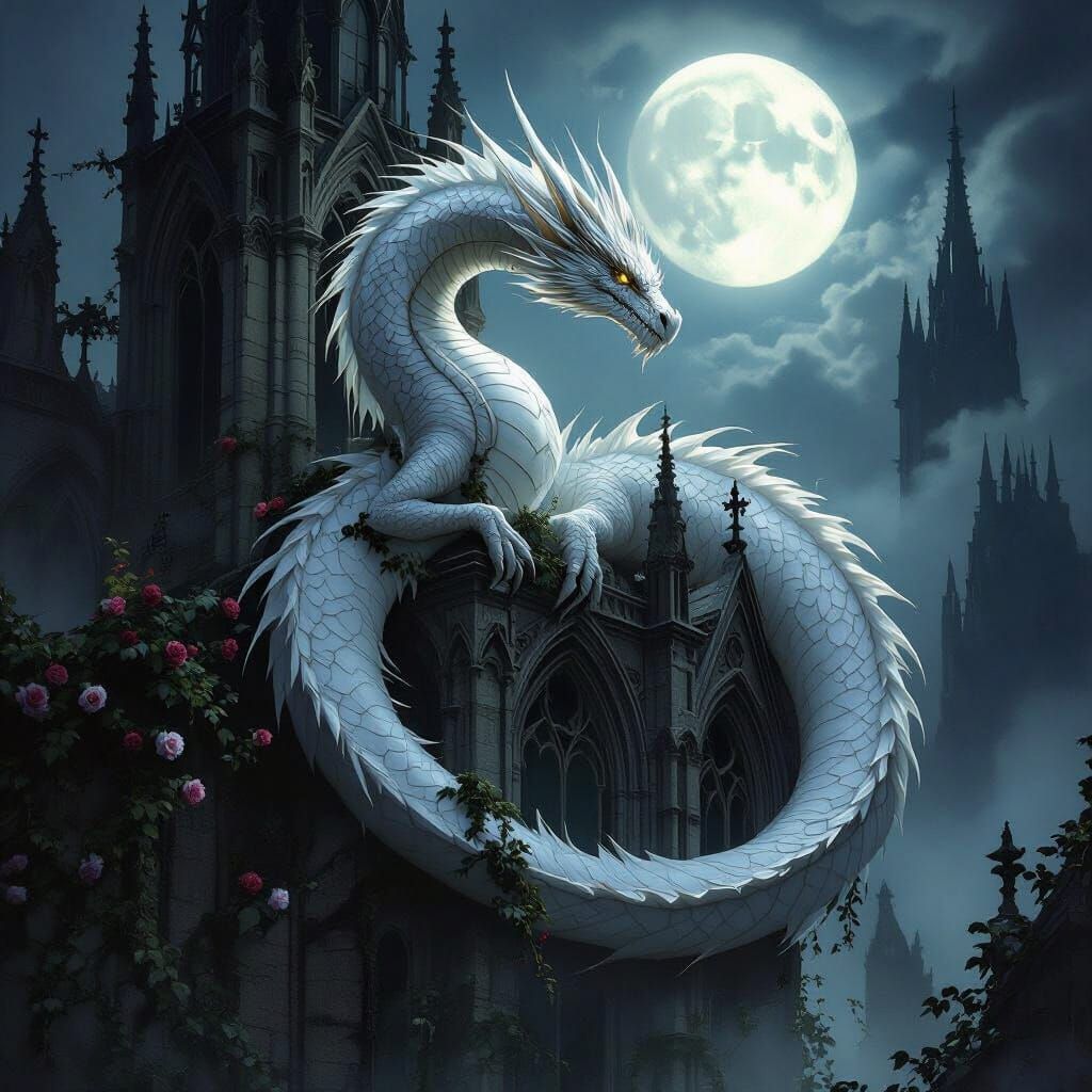 Ancient White Dragon Coiled Around Gothic Cathedral