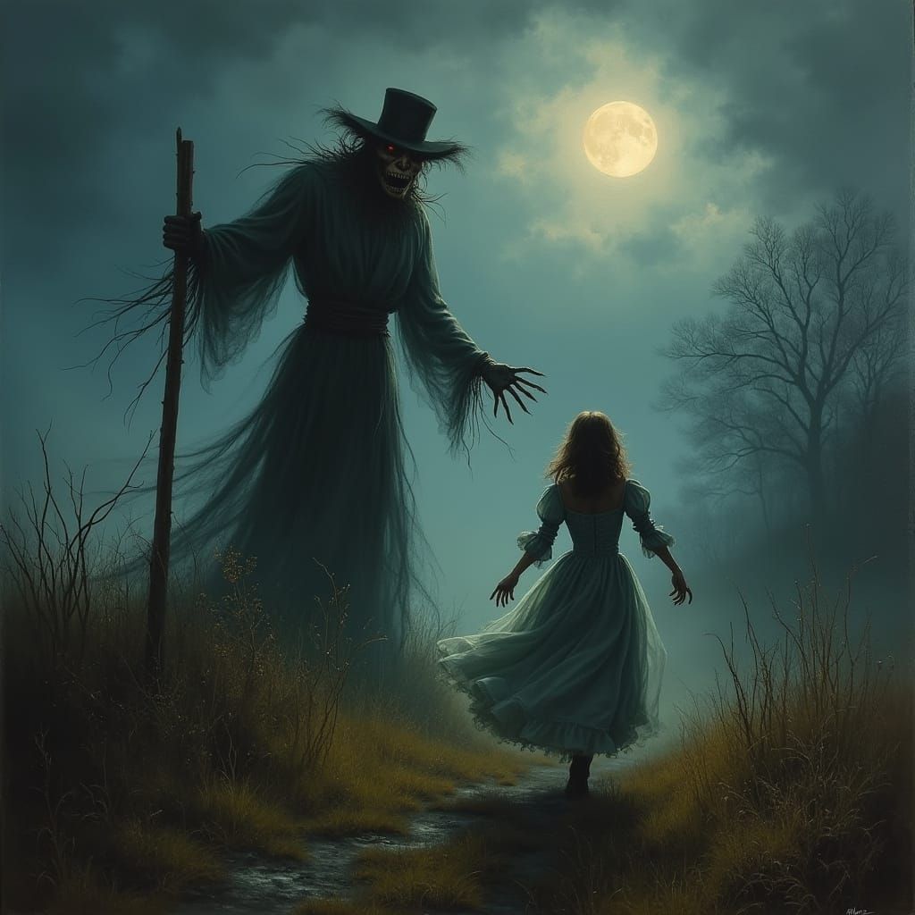 Victorian Woman Fleeing Scarecrow in Horror Oil Painting