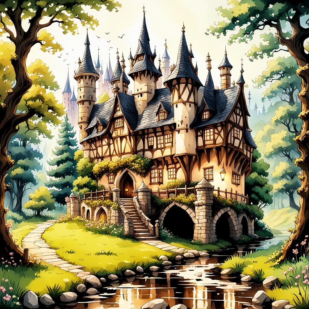 Whimsical Gothic Castle in Meadow Garden, Watercolor Art