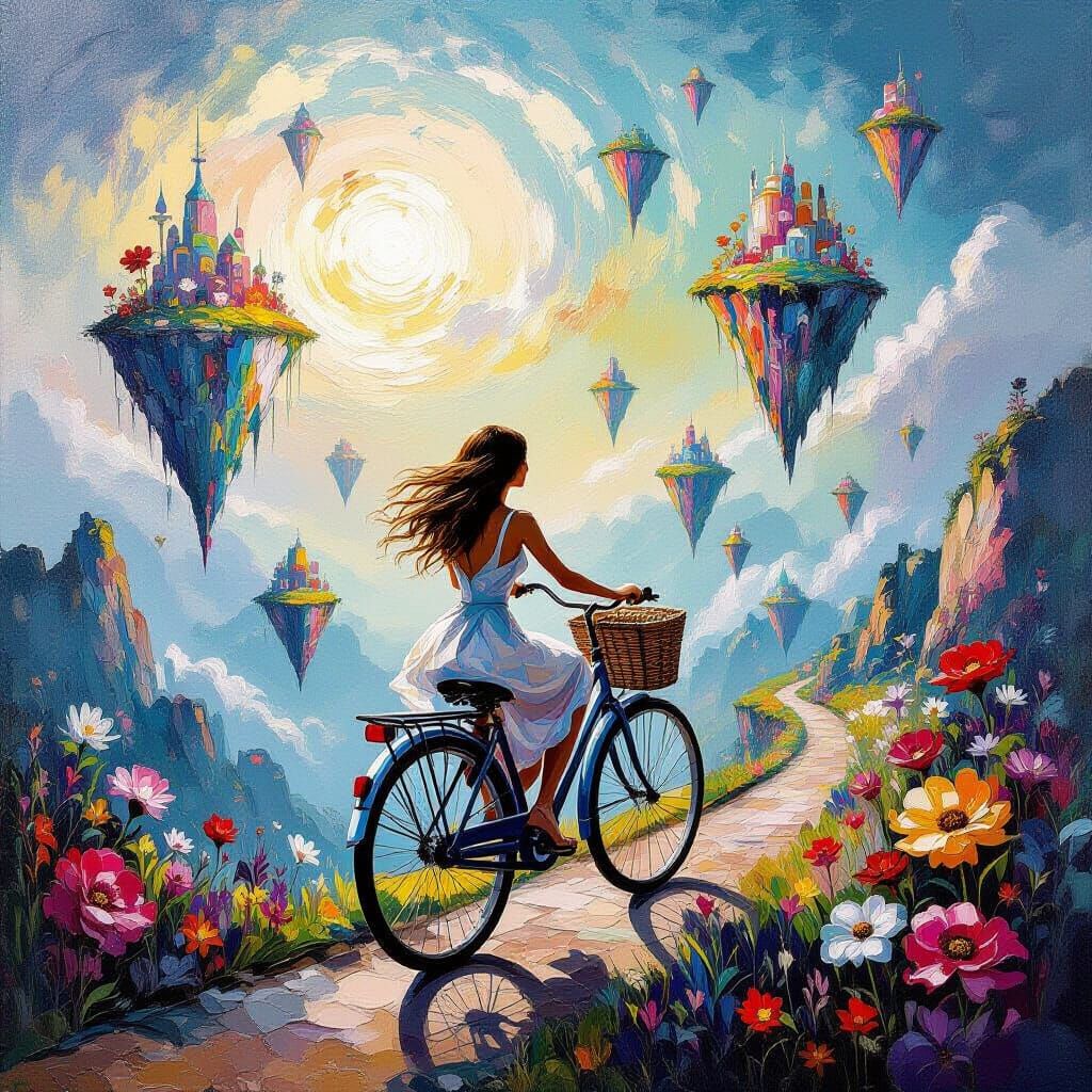 Surreal Impasto Painting of Woman Cycling Dreamscape