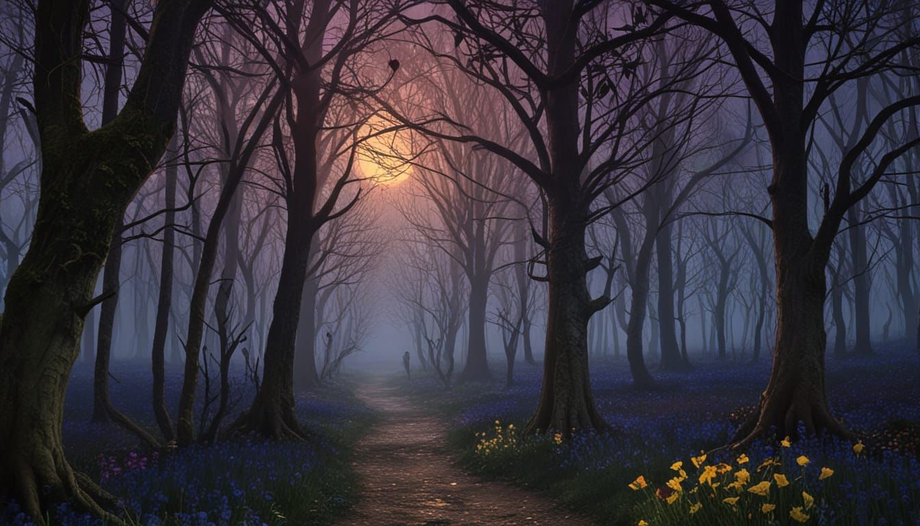 Surreal Forest Garden with Eerie Glowing Eyes