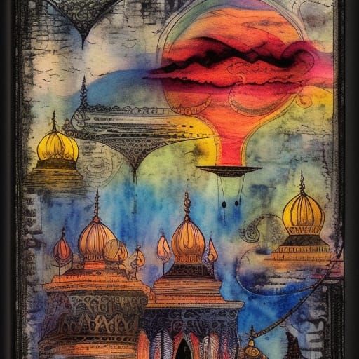 Kathmandu Sunrise Collage in Boho Art Style