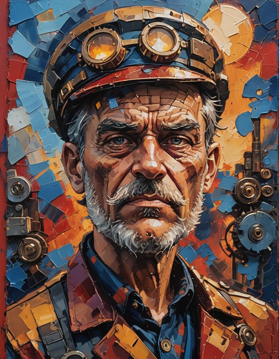 steampunk old grumpy mechanic