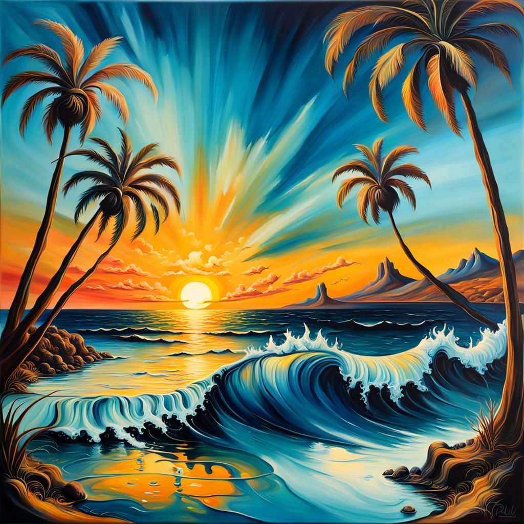 Surreal Ocean Sunset with Palm Trees in Dali Style