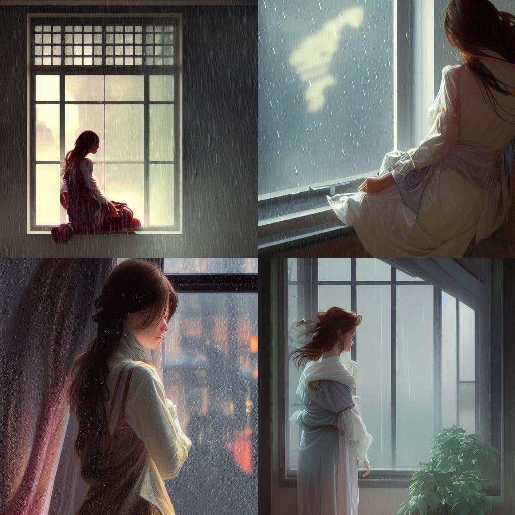 Rainy Day Window View in Art Nouveau Style