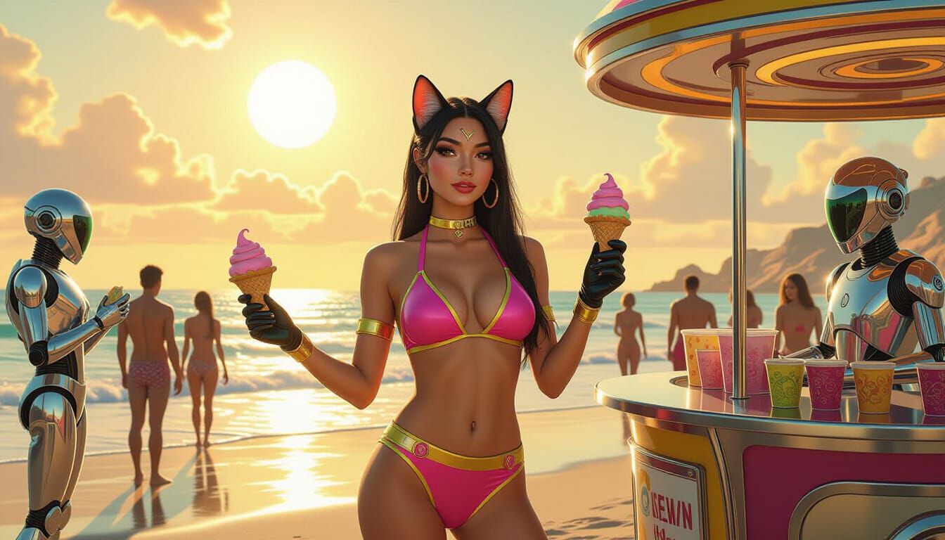 Chrome Beach Goddess Serving Ice Cream in Sci-Fi Style