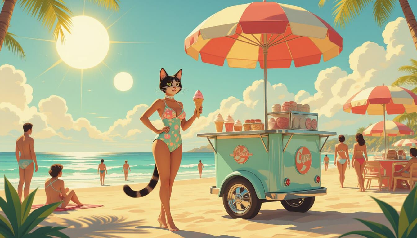 Divine Cat-Woman's Ice Cream Stand in Sci-Fi Paradise