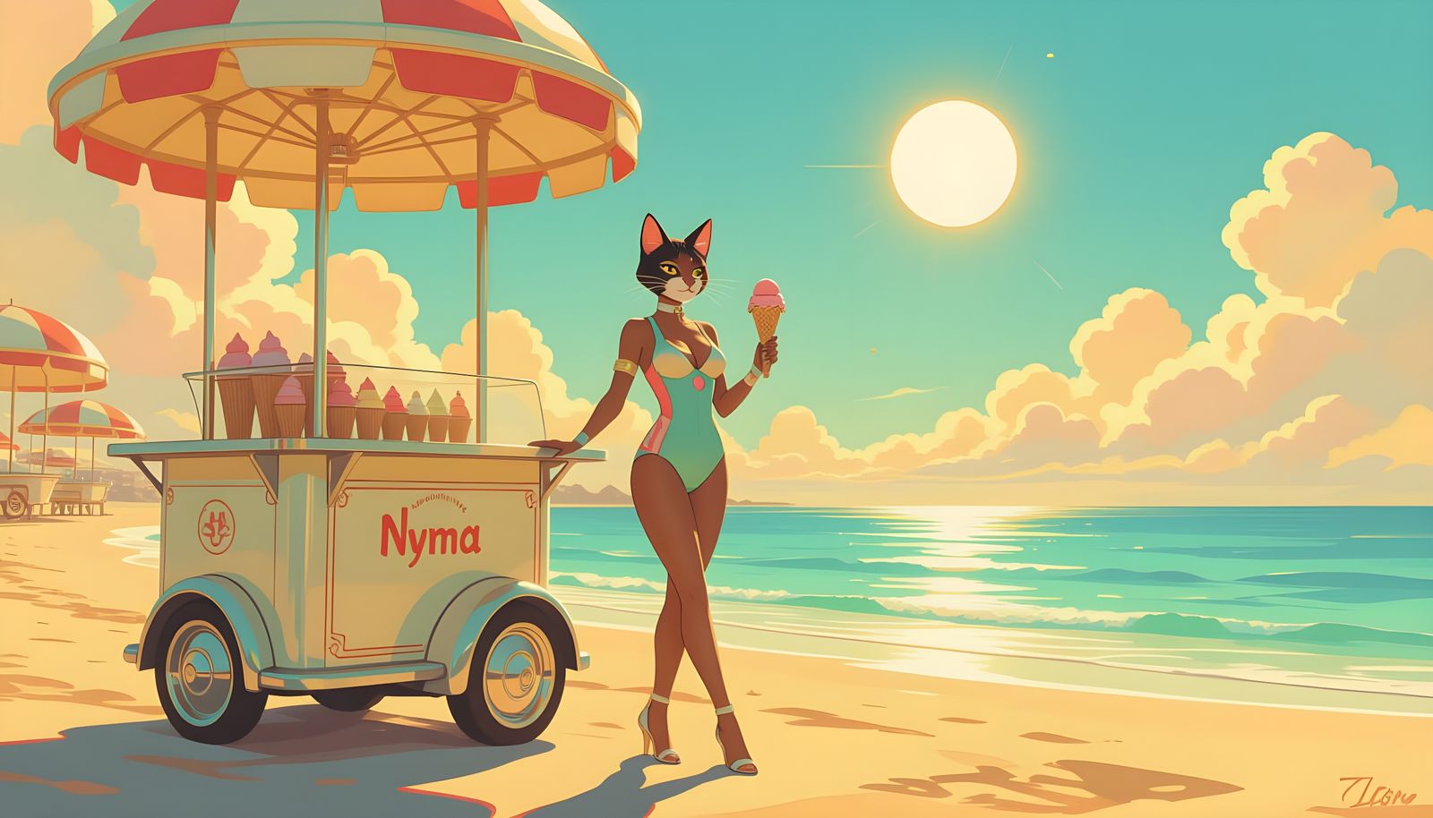 Half-Cat Divine Woman on a Futuristic Beach