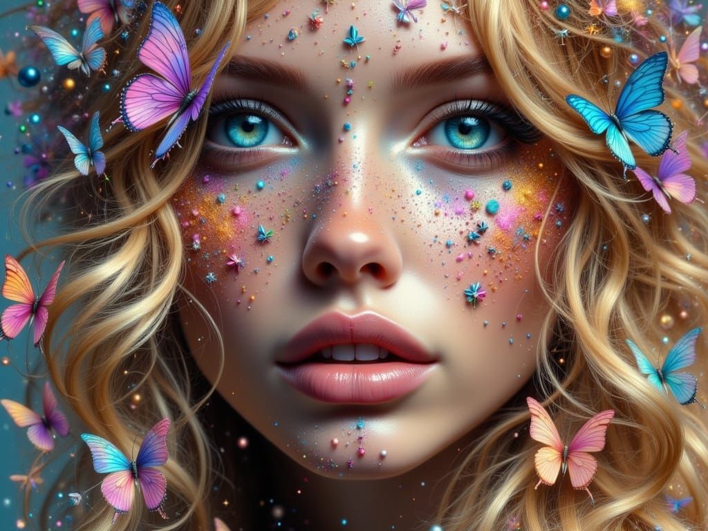 Vibrant Fairy Punk Goddess with Broken Butterflies and Glitt...