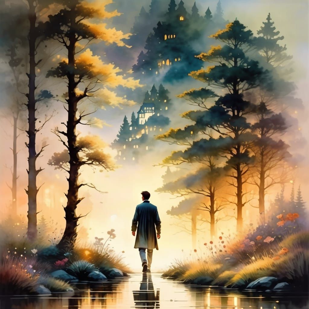 Elegant Man in Mist: Watercolor Fantasy