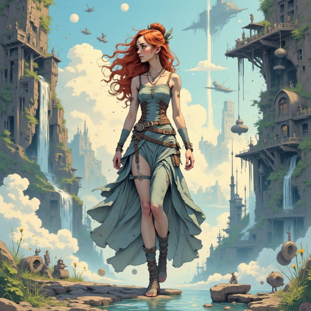 Woman in Metallic Gown Walks on Floating Gears