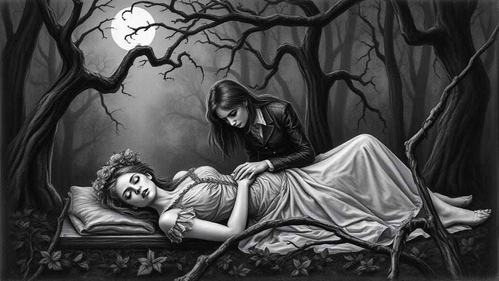 Victorian Vampire Lovers in Dark Woodland Scene