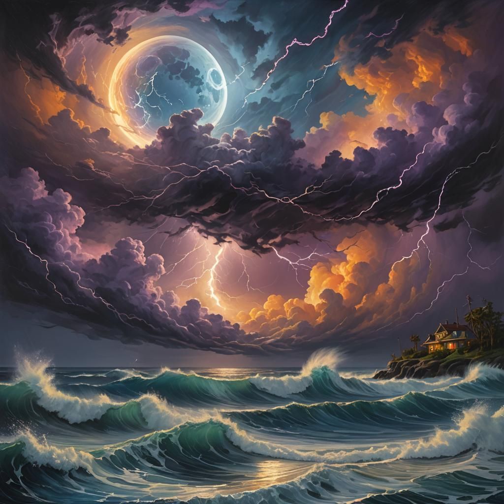 Blue Moon Rising Over Hurricane: Surreal Oil Painting