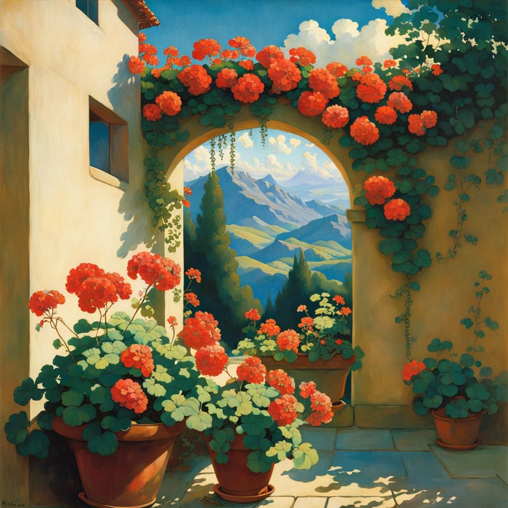 Quaint House with Geraniums in Illustrative Style