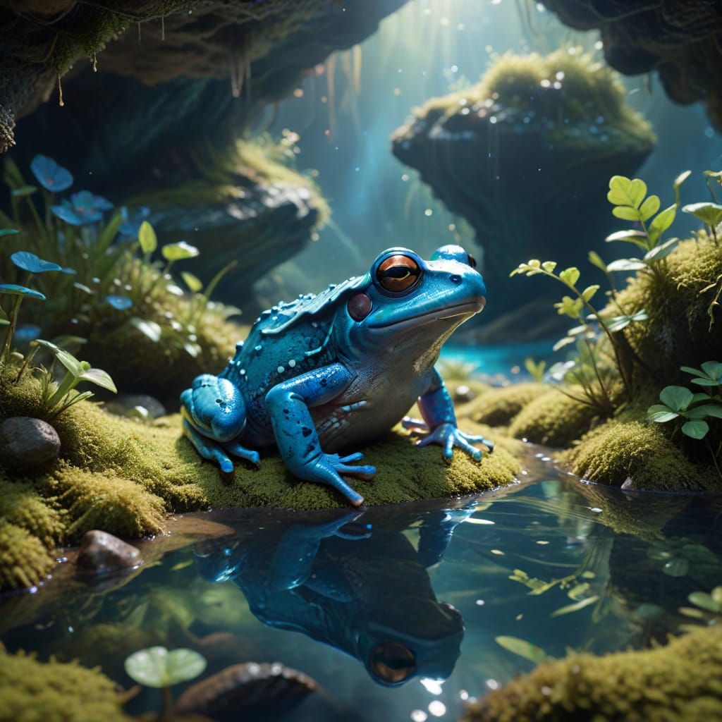 Turquoise Frog in Azure Cave Lake, Detailed Render