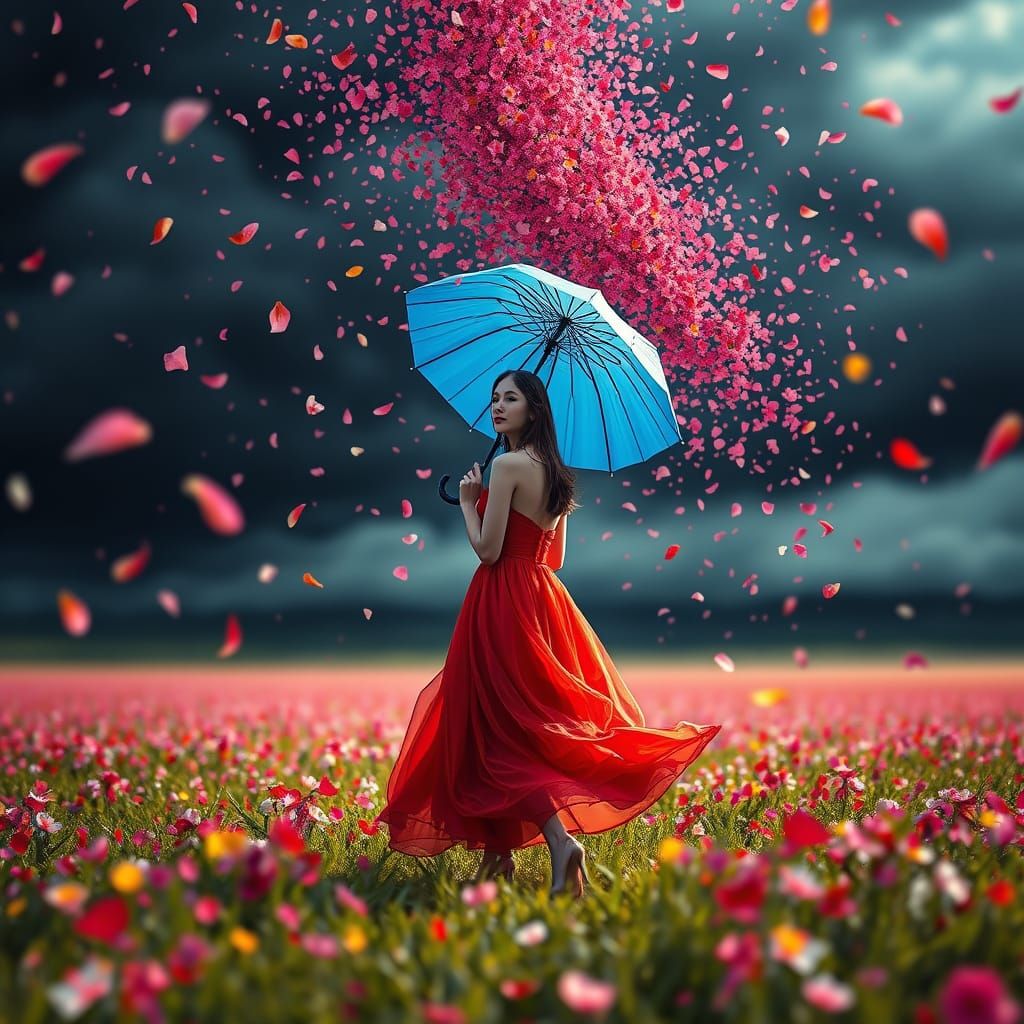 Woman in Red Under Blue Umbrella Amidst Falling Petals