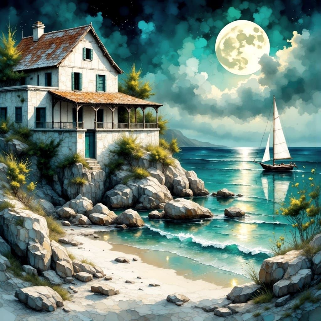 Ethereal Beach House Scene in Silvery Light