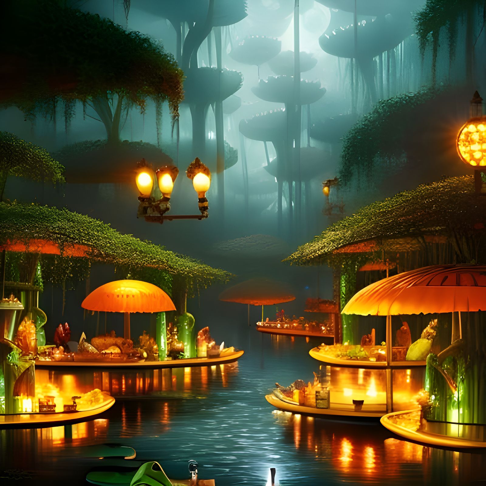 Night cafe on a floating lily pad