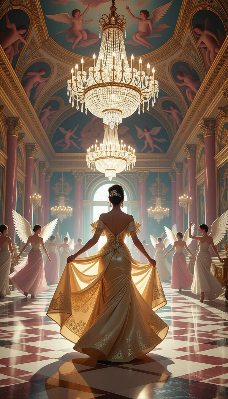Woman Dancing in Lavish Ballroom, Surreal Art