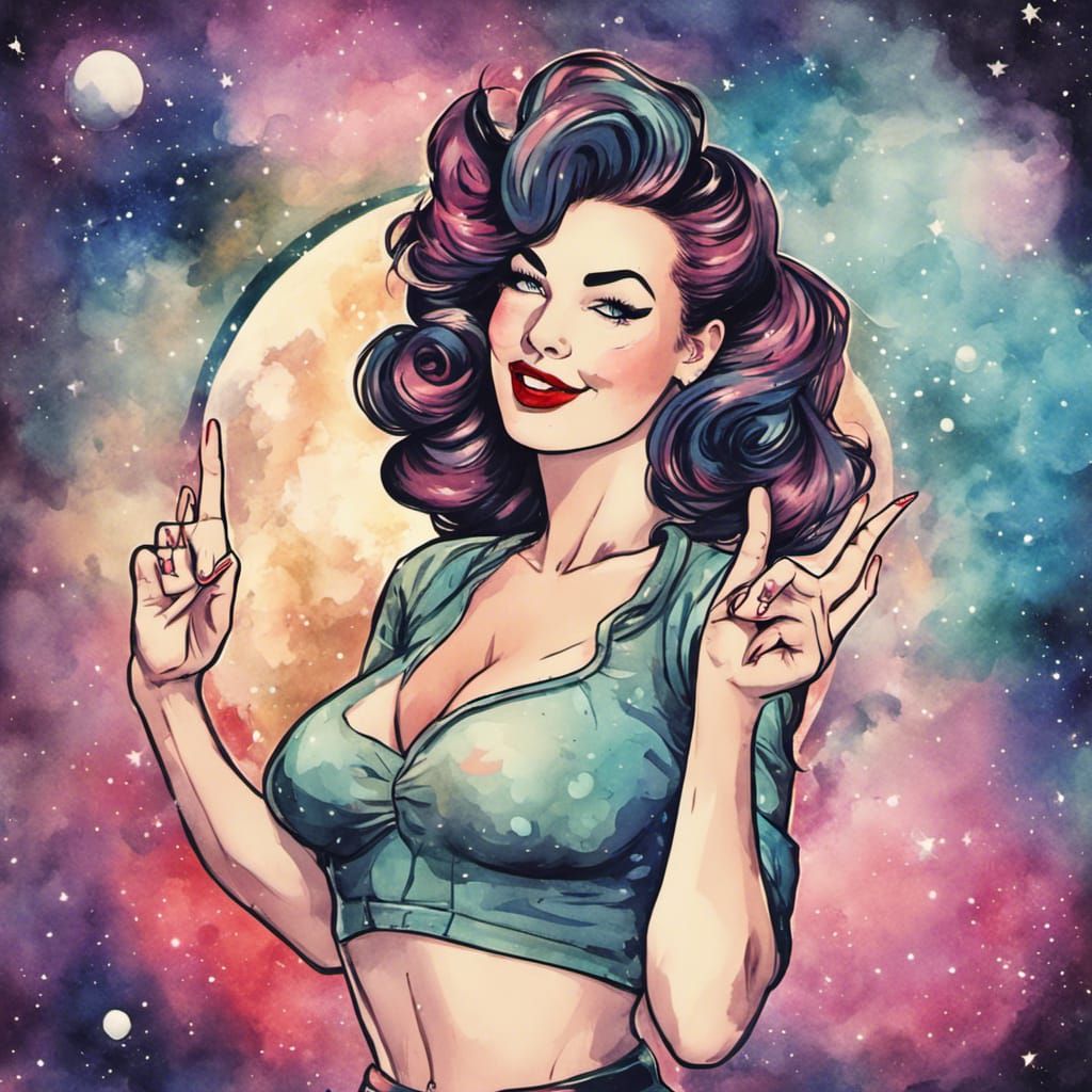 Retro Pinup Girl in Space Watercolor Style