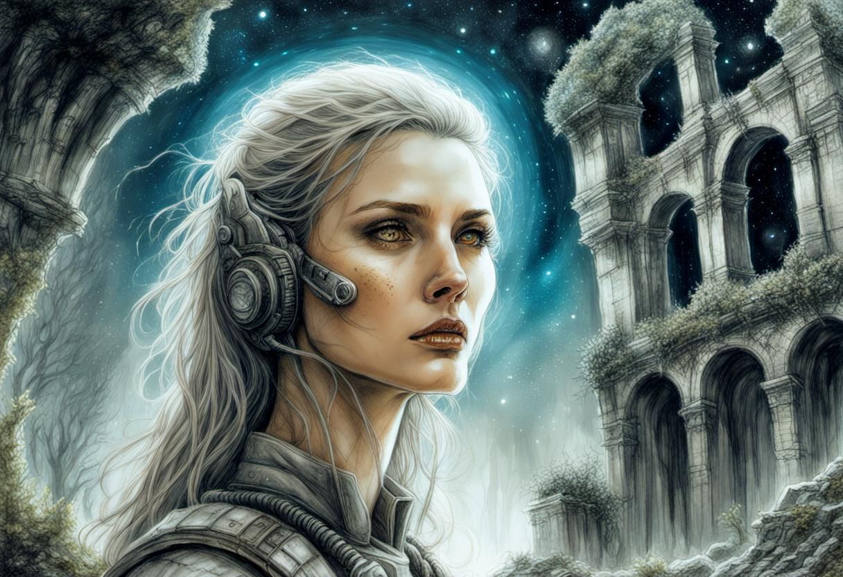 Luis Royo "Lost in the galaxy" pencil sketch: close up portr...